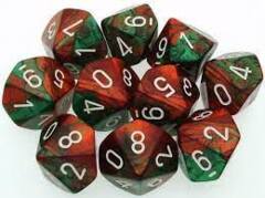 CHESSEX - SET OF TEN D10 DICE - GEMINI - GREEN-RED/WHITE